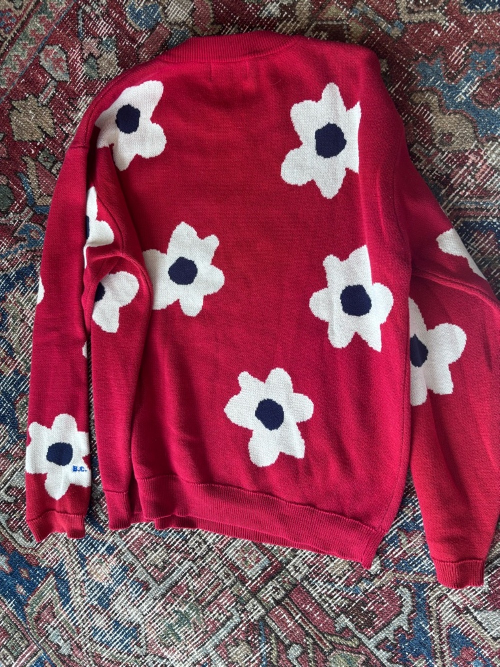 Bobo Choses Red Crewneck Sweater with White & Navy Floral - Picture 3 of 3